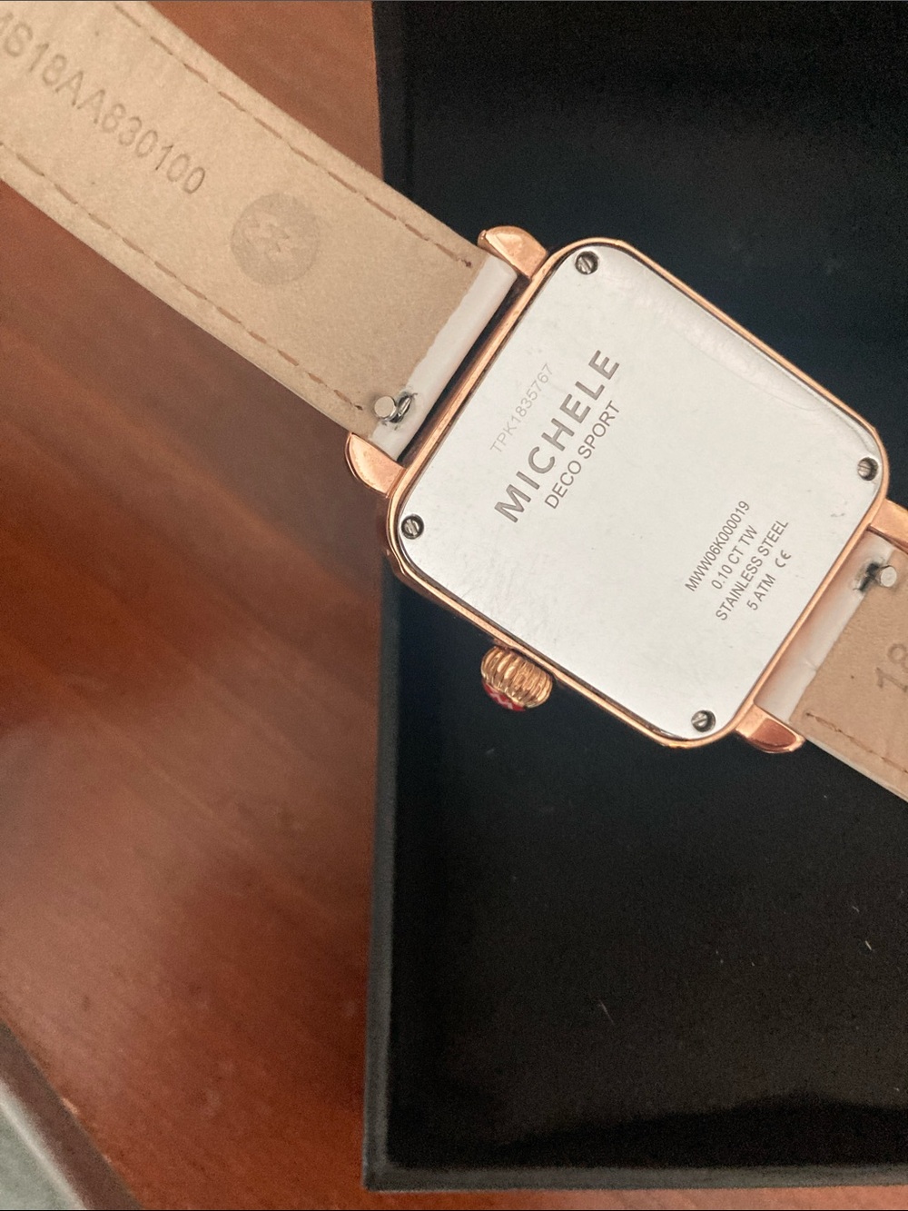 Michele Rose Gold Square Watch with White Strap and Pink Accents - Picture 10 of 15